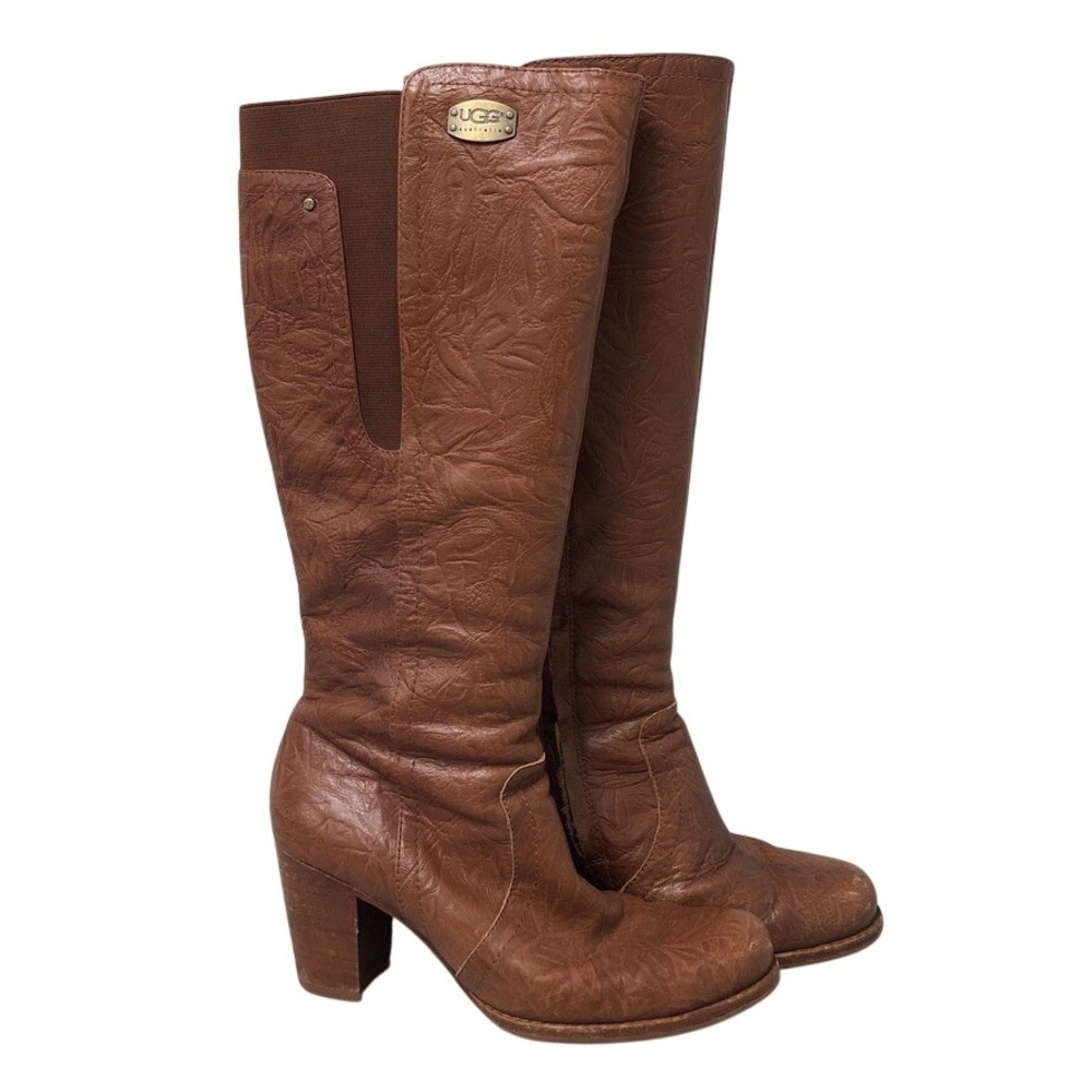 UGG Australia Tall Boots Womens 8 Brown Leather Embossed Floral Block Heel Zip